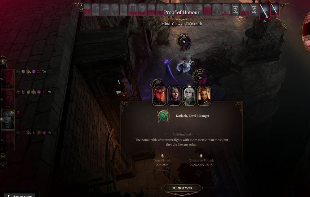 A screenshot from Baldur's Gate III showing the end of an Honor Mode run with the entire party dead.