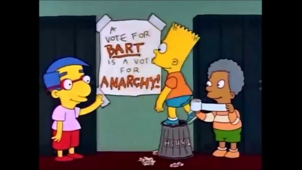 A Simpsons screenshot with a post reading "A vote for Bart is a vote for anarchy!"