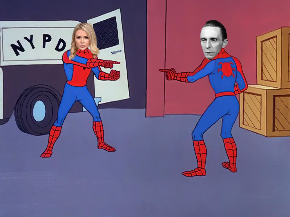 Spider Man meme of Karoline Leavitt and Joseph Goebbels realizing that they are the same 