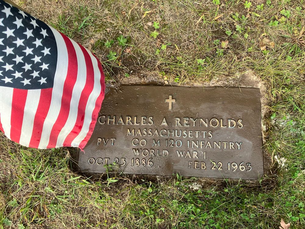 Flat gravestone of a World War One veteran who served as an Army Private in Company M, 120th Infantry, S Division, at age 32. He was poisoned by mustard gas and suffered from its after effects plus “shell shock” for his remaining 42 years. He lived in the Chelsea, MA, Soldiers’ Home, never married, nor had children. The cost of war.