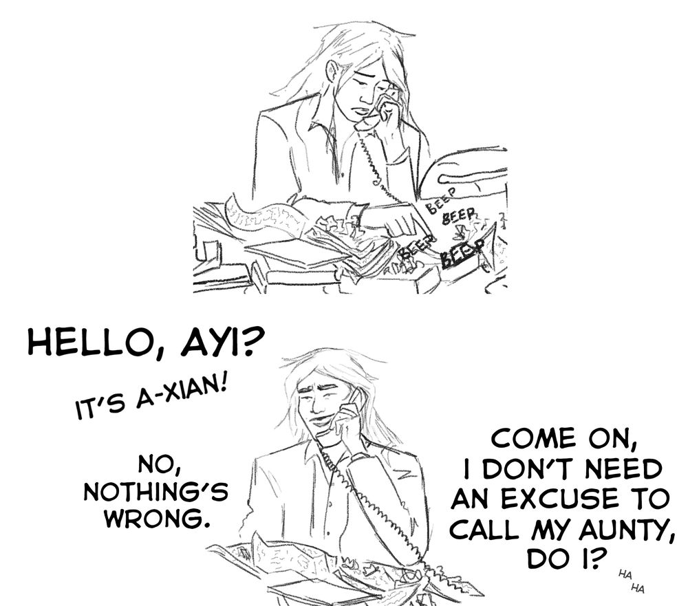 2 panels. 1st panel: Wei Wuxian at the same messy desk. He's dialing an old corded phone, the handset pressed to his face. it beeps repeatedly as he presses the buttons. 
2nd panel: Wei Wuxian's laughing into the phone, leant back in his chair. the text reads: Hello, Ayi? It's A-Xian! No, nothing's wrong. Come on, I don't need an excuse to call my aunty, do I?
