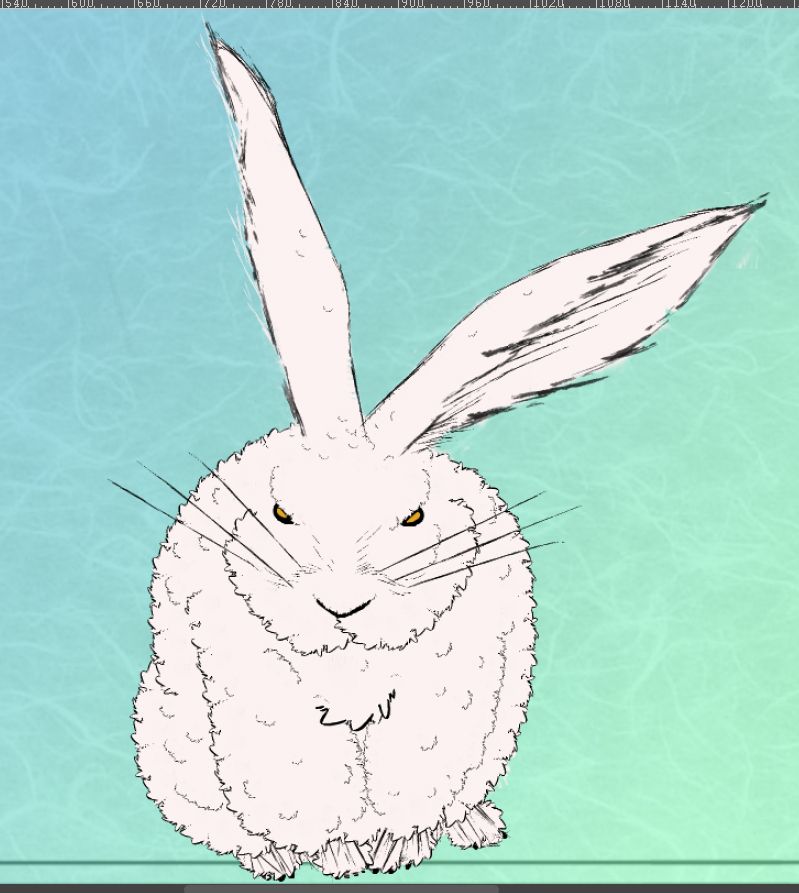 a white, long eared rabbit sits against a light blue-green background. his eyes are gold. he is extremely fluffy, and looks to be plotting his next crime.
