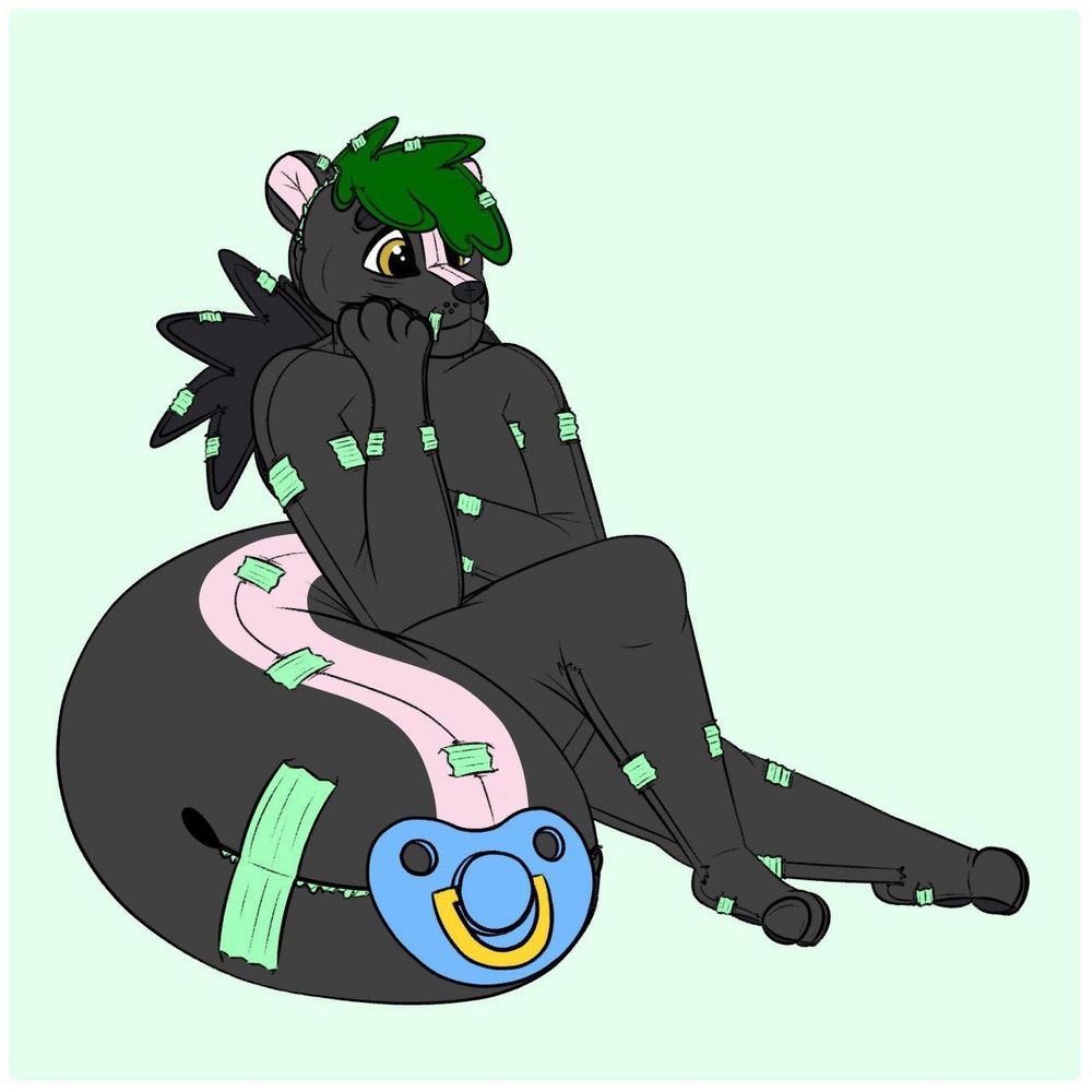 Diapercritter ravenskunk with a pacifier in its tailmaw