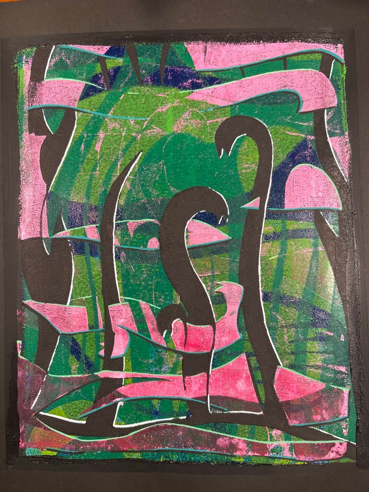 Green and pink and black gelli monoprint with marker accents