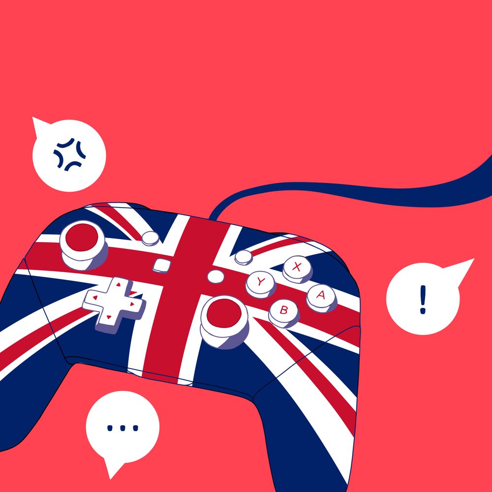 An illustration with a red striking background of a controller with the United Kingdom flag as its decal, with custom white and red buttons. The wire connected to it flows to the right and speech bubbles appear, two from outside the viewer and one from the viewer. The two show an angry symbol and an exclamation mark, while the one from the viewer shows three sots indicating silence.