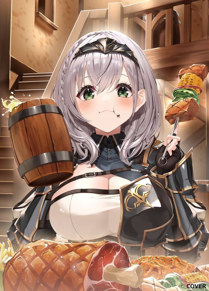 Shirogane Noel enjoying a mug of mead, a shish kabob, and a cartoonish chunk of meat on the bone 