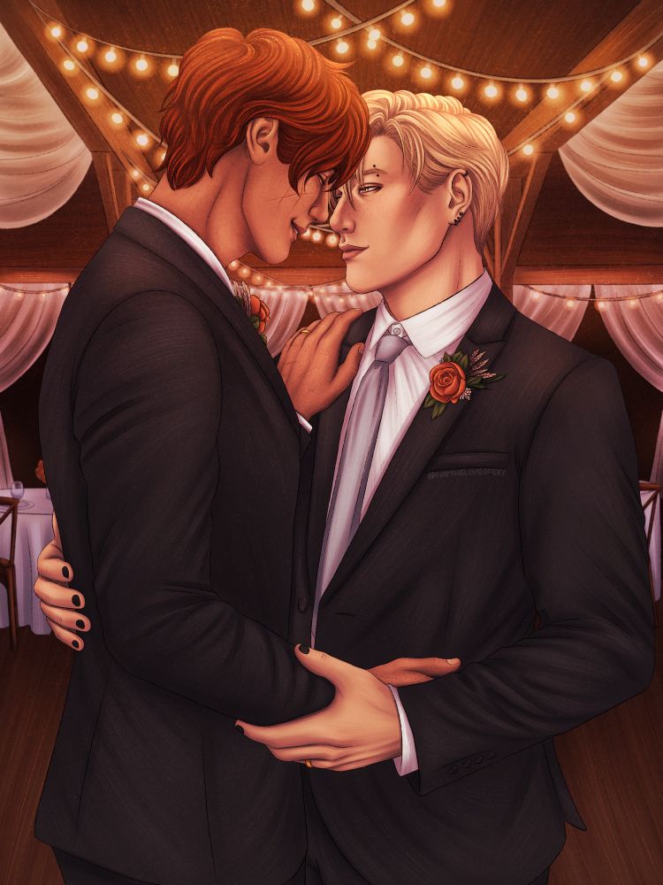 Andrew and Neil wearing wedding suits. They are dancing and smiling softly at each other.