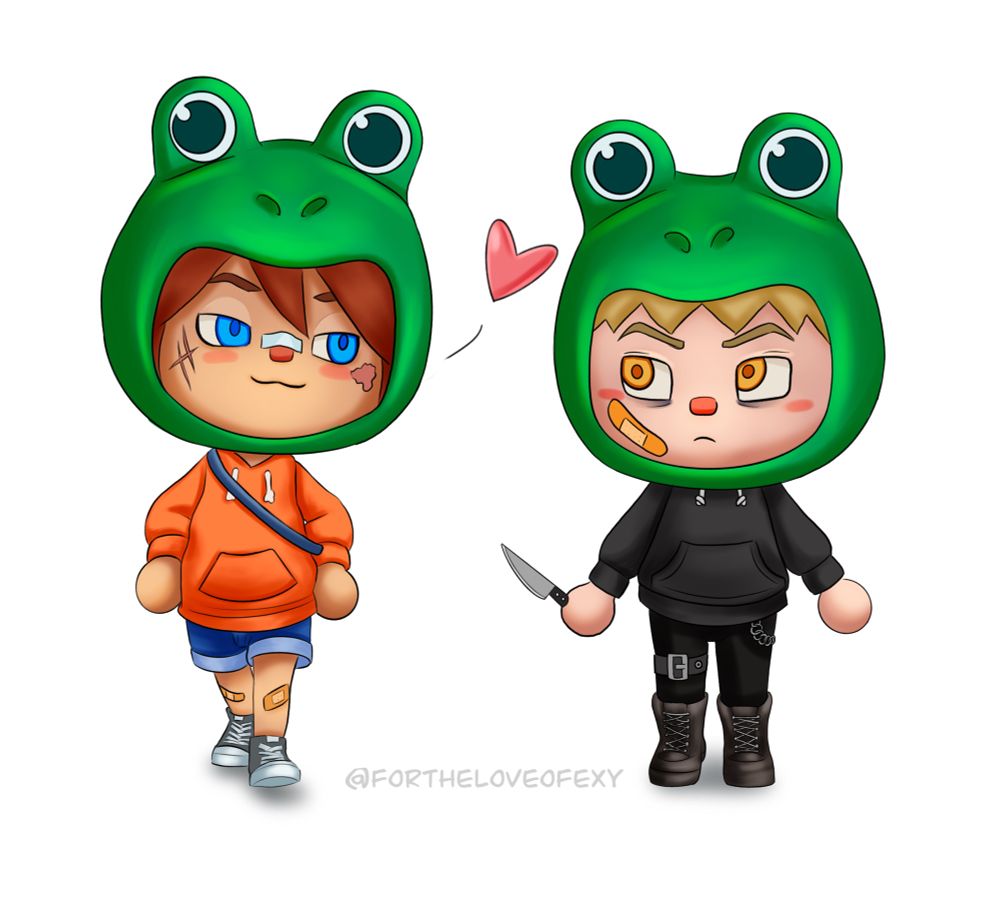 Andrew and Neil drawn in the style of Animal Crossing characters. They are both wearing frog hats and Andrew is holding a knife.