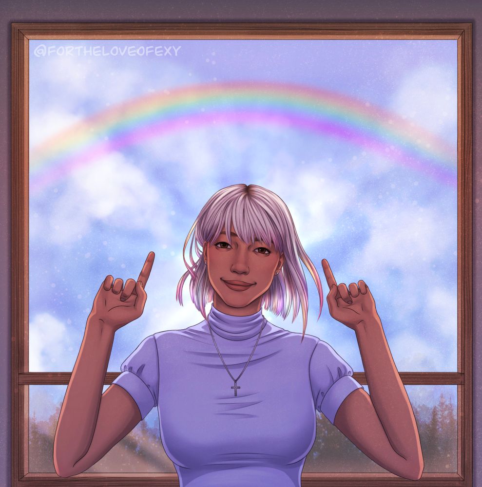 Fanart of Renee Walker standing in front of a window. She is pointing at a rainbow over her head.