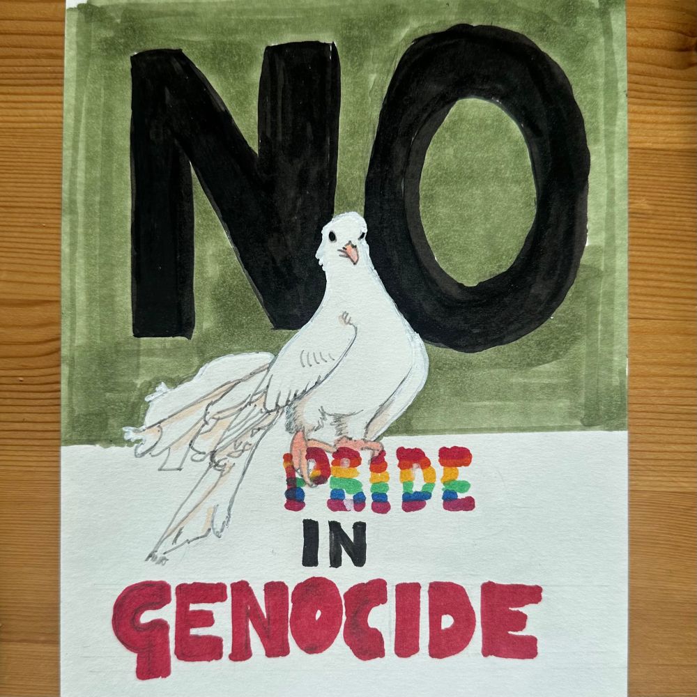 No pride in genocide is written in large bold lettering. A white fan tailed pigeon perched atop the word Pride, which is coloured in the rainbow pride flag colours.