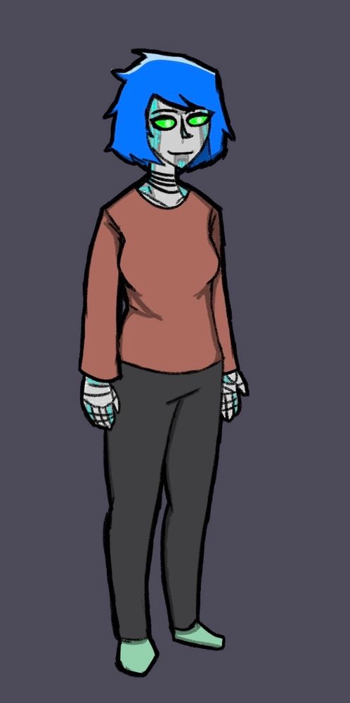 A robot woman with bright blue hair, green eyes, and grey skin, with blue lights on parts of her face, neck, and hands, meant to look like circuits. She wears a faded red color shirt, black pants, and mint green sock shoe things(?)