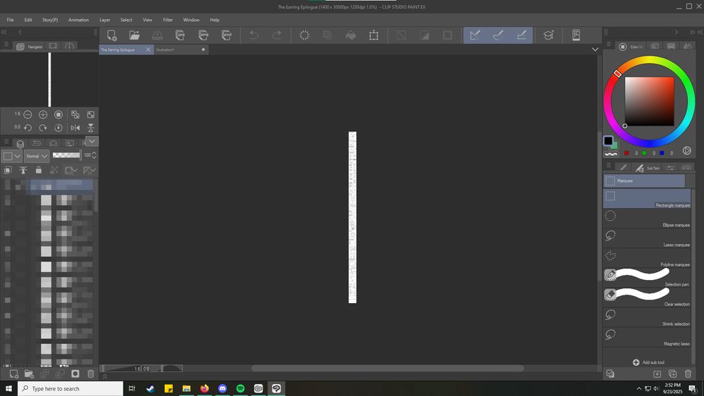 screenshot of clip studio, showing the entirety of the Earring Epilogue canvas, too zoomed out to see anything