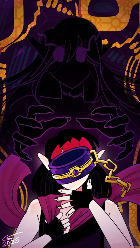 Colorful illustration of Vae against a dark, abstract background. A jeweled shackle floats in front of her face, obstructing it from view. A shadow of herself looms over her, reaching out menacingly.