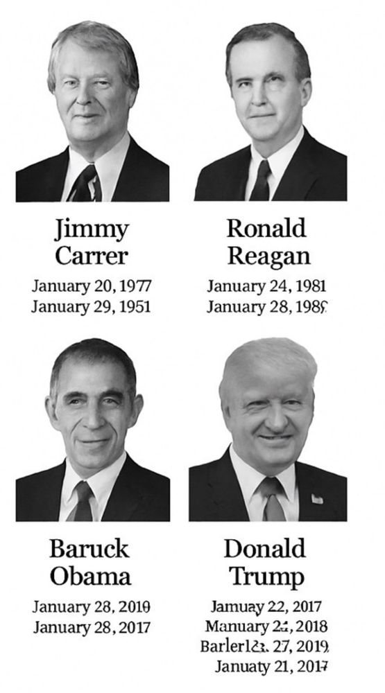 Picture of particularly hilarious part of a ChatGPT answer to inquiry: name the last 12 presidents. Barely recognizable pictures of Jimmy Carrer in office from January 20, 1977 to January 29, 1951, Ronald Reagan January 24, 1981 to January 28, 198unrecognizable, Baruck Obama January 28, 2010 to January 28, 2017, Donald Trump Jamuay 22, 2017 to Manuary 2something 2018 and Barlerlsomething 27, 2019 to Januaty 21, 2017. 
