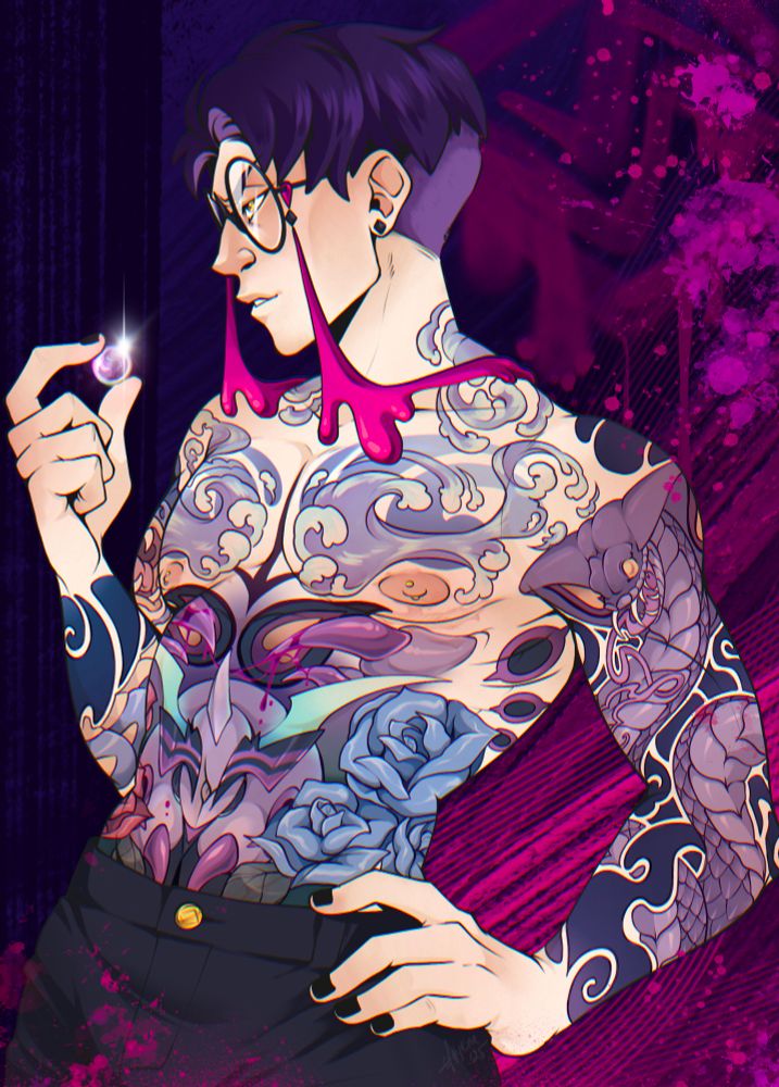 A fanart or Corbeau from Pokemon Legends ZA, he is shirtless, showing off his fully tattooed torso, with poison themed pokemon tattoos based on his ingame team, with an arbok, a mega scolipede, a gyarados and references to his roserade. 
He’s holding his mega scolipede’s mega pearl between his fingers. 