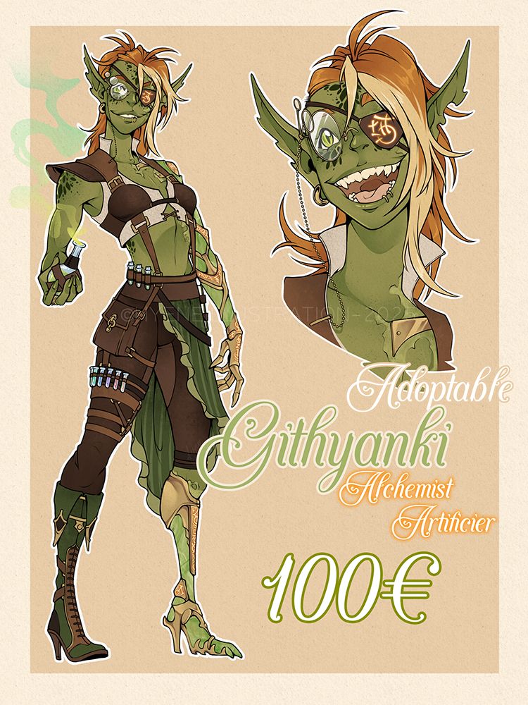 a Githyanki adoptable, They're olive green skinned with ginger hair with a blonde streak, tied in a high ponytail with a long bang on their left size, covering the eyepatch on their left eye. They were a light outfit made of leather straps and belts and a green half skirt, their left arm and lower leg are green stone and gold prosthetics. 