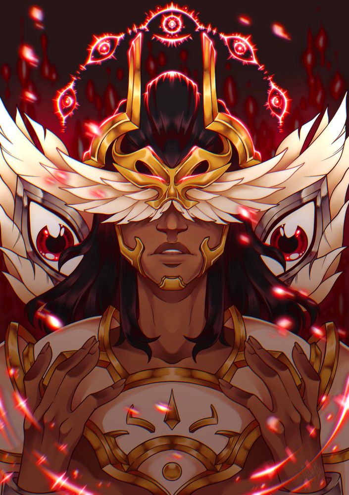 a fanart of Lifeweaver's Harbinger skin from Overwatch 2, he's facing forward with two hands reaching for his face, he's wearing a mask covering his eyes with a pair of white wings, two wings with eyes in the middle of each are in his back, and a halo made of red eyes glow over his head