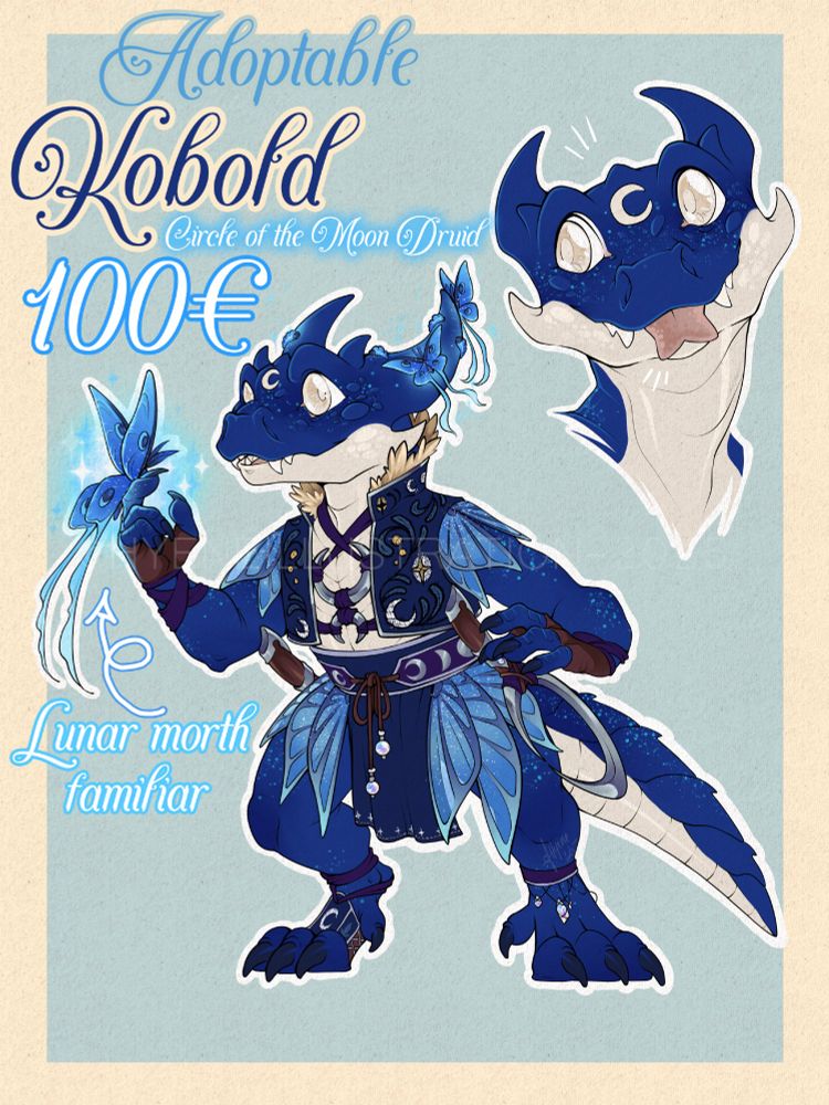 A Kobold adoptable, they're  a blue little bipedal dragon with big blind eyes, they have a few lunar moth familiars, and they wear an embroidered little vest with sheer, iridescent butterfly wings sewn on them. They also have two half moon sicles on their hips 