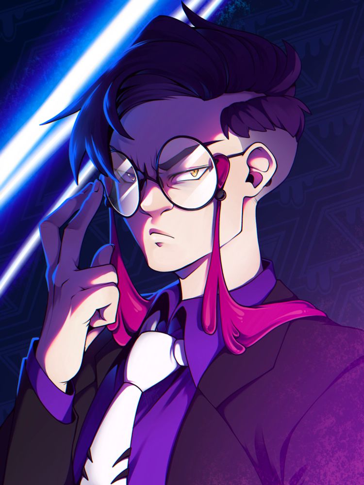 A fanart of Corbeau from the game Pokemon Z-A, a white skinned man with short dark purple hair, squinty golden eyes and large round glasses