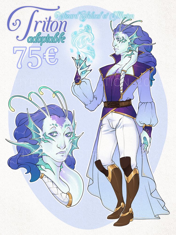 a fullbody and a portrait of a Triton adoptable, they have white iridescent scaled skin with a patch of lavender scales on the forehead transitionning to a mane of kelp-like, purple hair. They have two sets of webbed fins for ears and two sets of glowy antennae on their forehead.
They have teal blue fins or gills on their cheeks and on their neck.
They have one tentacle like tendril coming from the back of their head to rest on their shoulder. They wear a patterned, dark purple coat and a  lavender shirt, ending in half a skirt pooling behind them. They have white pants and knee high brown leather boots with golden filigree.