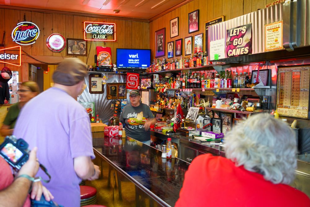 Color shot of the inside of Raleigh landmark The Roast Grill.