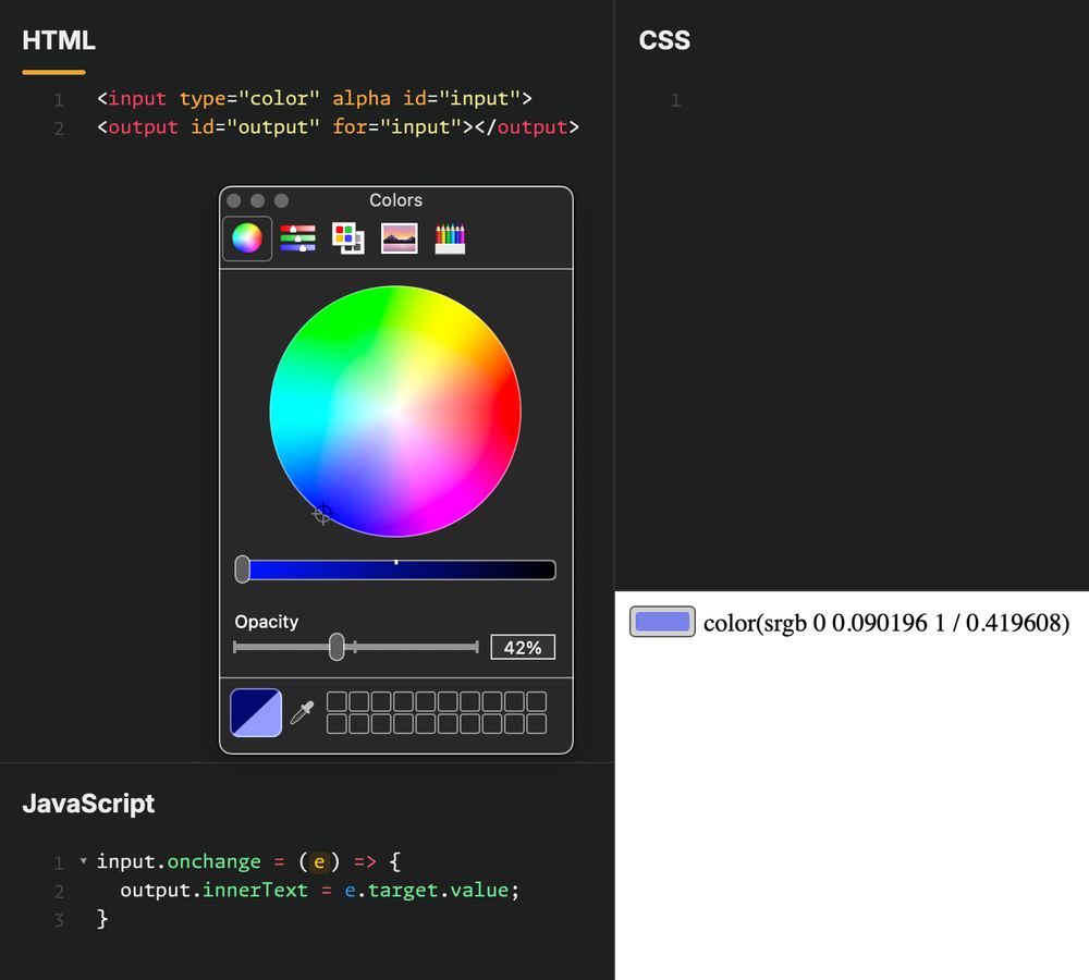 Code editor with HTML code in, alongside a preview pane displaying an open color input which includes an opacity slider.

HTML: `<input type="color" alpha>`