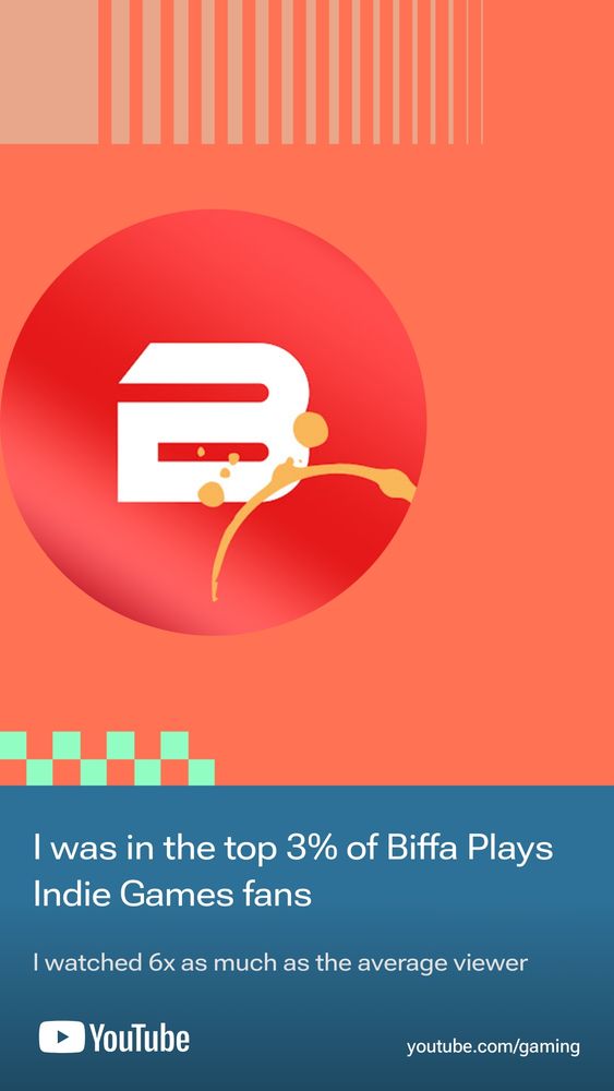 YouTube 2024 Gaming Recap showing I was in the top 3% of Biffa Plays Indie Games fans.