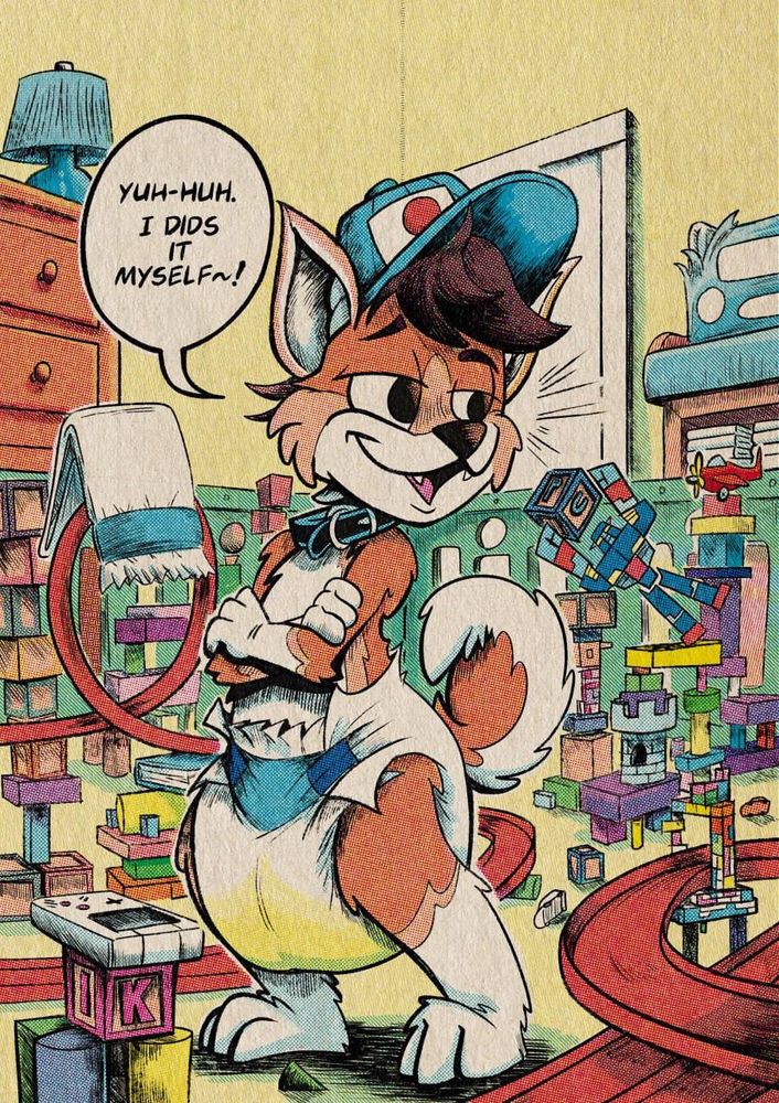 Kenji, an anthropomorphic 3 year old Japanese Akita Inu, istanding proudly in a wet diaper in front of a large array of toys and blocks surrounding a toy race track. He’s saying smugly “yuh-huh. I dids it myself~!”