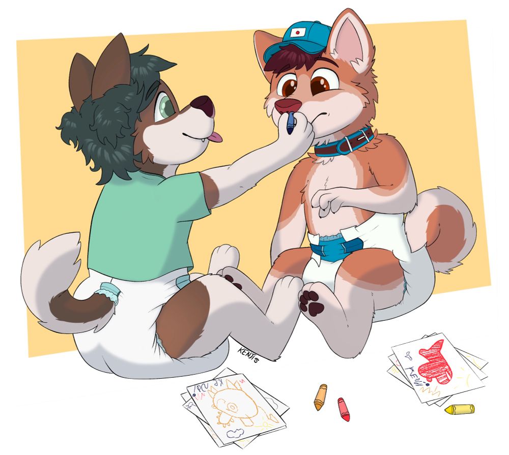 Two diapered anthropomorphic puppies; Kenai (Klee Kai 4 years old) and Kenji (Japanese Akitainu 3 years old) are sitting together among crayon doodles on paper. Kenai is gleefully shoving a blue crayon in Kenji’s nose as he looks confused.