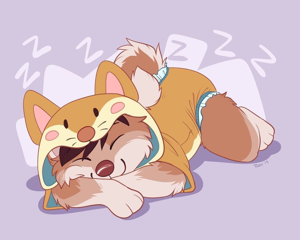 Kenji, a 3 year old anthropomorphic Japanese Akita Inu puppy, sleeping peacefully in a Shiba kigu themed onesie. 