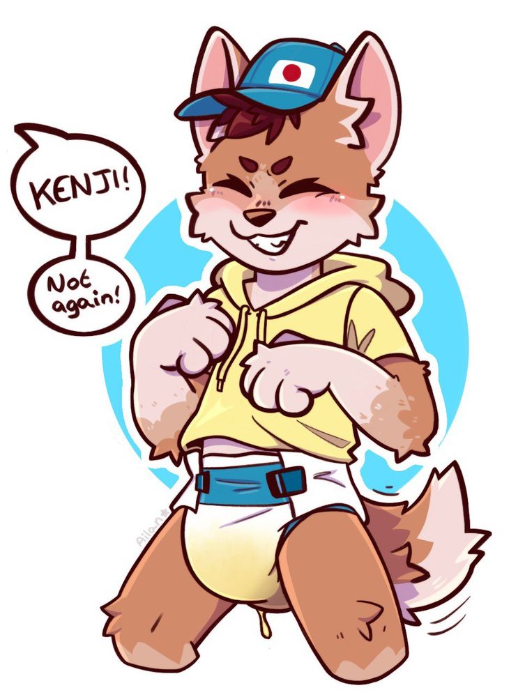 Kenji, a Japanese Akita Inu puppy, posing in a leaking wet diaper while someone off screen says “Kenji! Not again!”