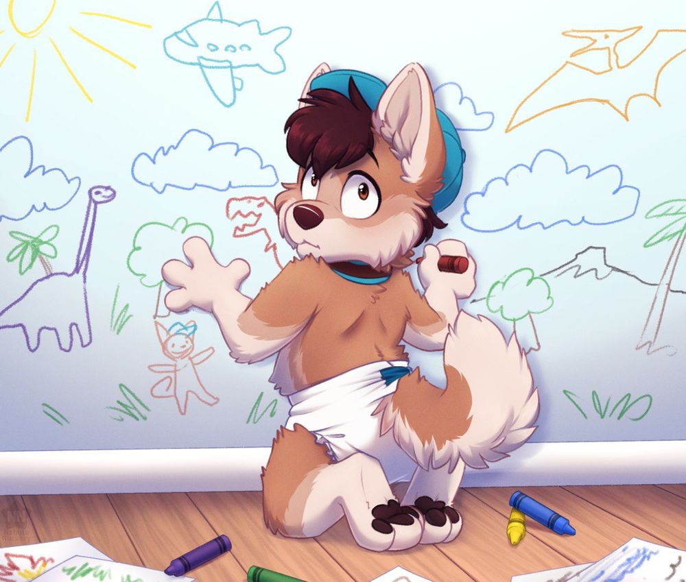 Kenji, a diapered 3 year old Japanese Akita Inu puppy, doodling on the wall with crayon. He has an expression of shock as he looks behind him, as if he was caught in the act.