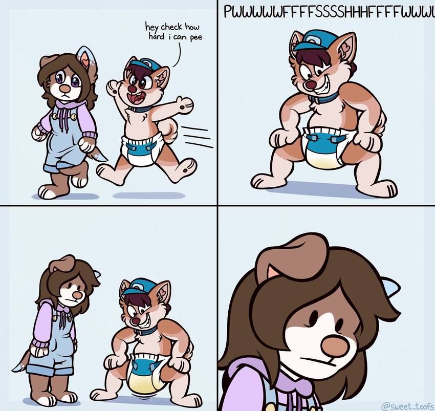 A 4 panel comic featuring Kenji and an old sona of Snotpuppy. Kenji says “Look how hard I can pee!” while proceeding to pee in his diaper “hard” while Snotpuppy stares in disbelief.