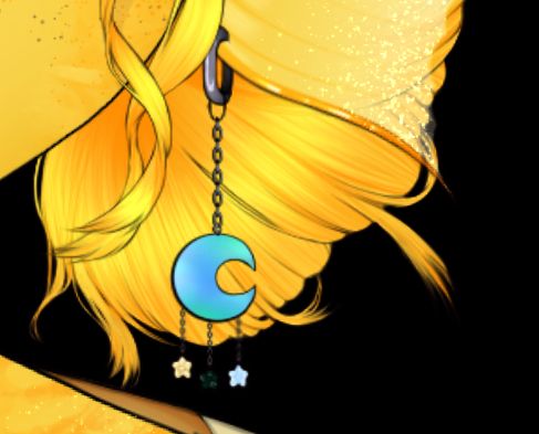 A dangling earring hanging from a fish vtuber's fin; Rainbow Moonstone moon for creativity and balance, citrine star for positivity, obsidian star for transformation and banishing negativity, and an aquamarine star for calm.