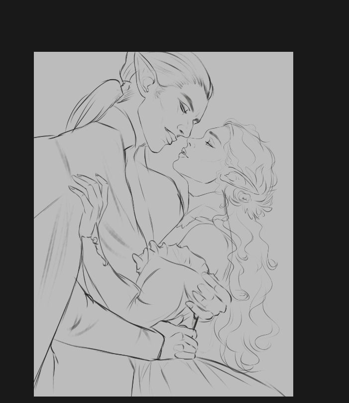 The first image of three, it is a couple art piece that depicts a feminine trans man elf, in a dress with long curly black hair and a taller masculine elf. It is in the sketch level of art.