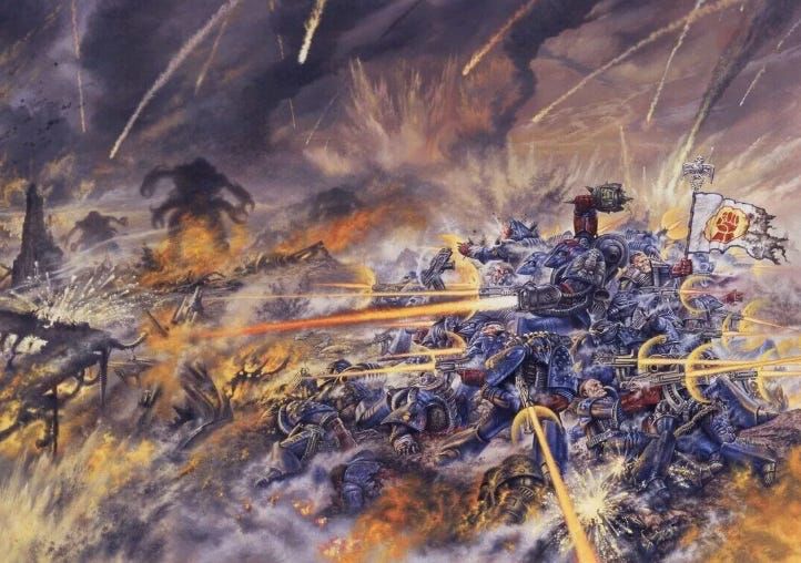 The final cover for Warhammer 40,000 Rogue Trader showing space marines fighting