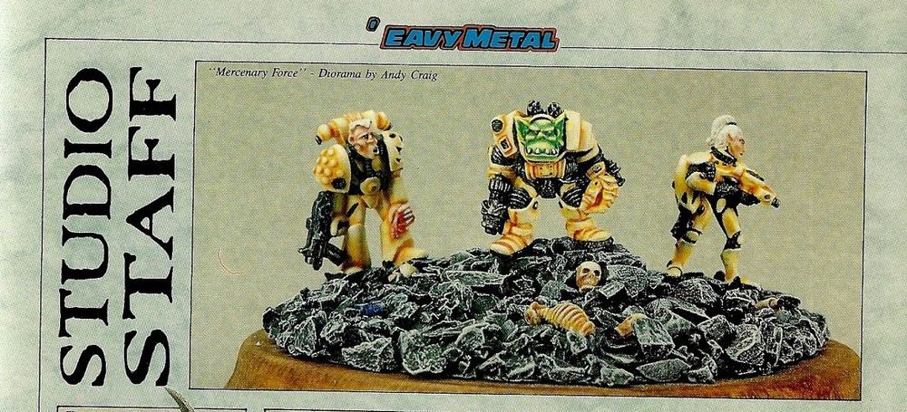 Mercenary force by Andy Craig, from the pages of White Dwarf 115, showing a Space Marine, an Eldar and an Ork all warning the same unit colour of armour.