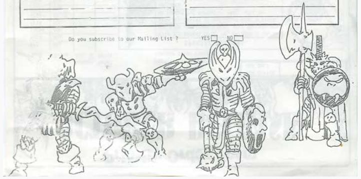 Four Chaos Warriors in different poses. Detail from the Citadel October 1982 releases form of Chaos Warriors. Source; Stuff of Legends