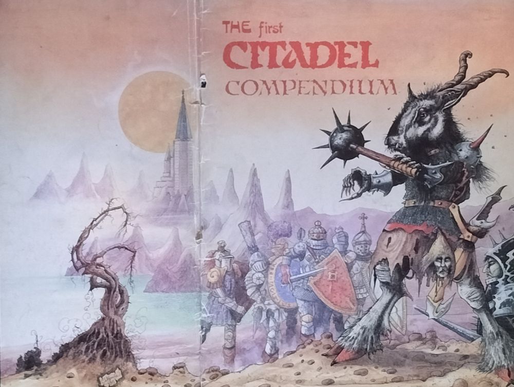 A chaos beastman faces a group of warrior knights. From the cover of the first Citadel Compendium, from 1983. Photo of the cover by OP.