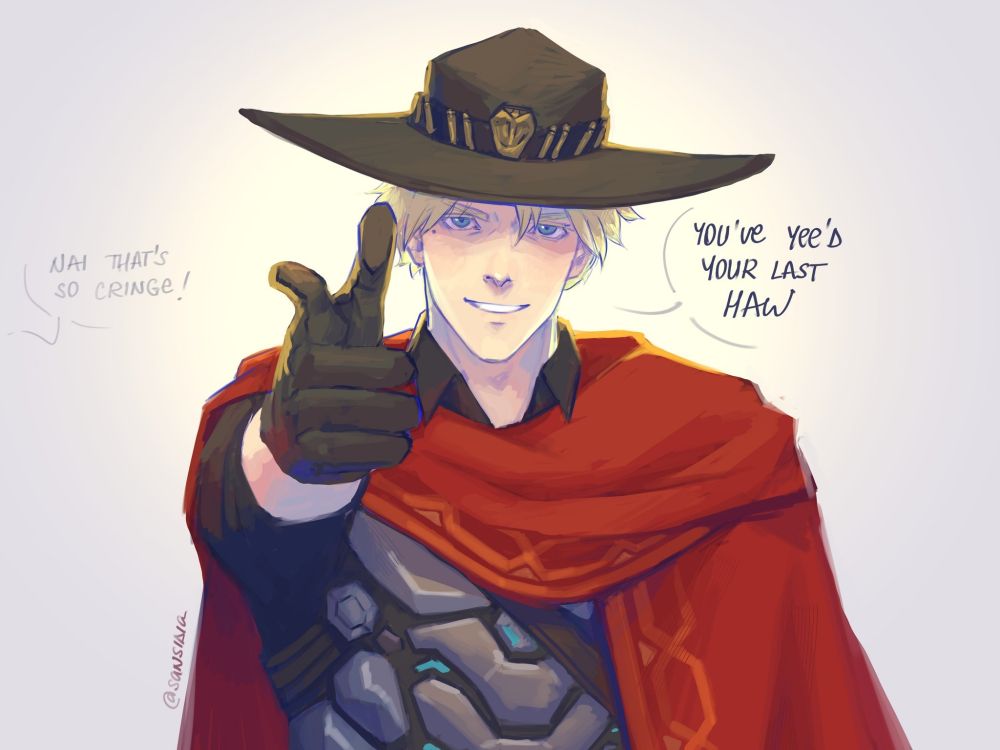 Trigun character Millions Knives wearing the outfit of Cole Cassidy from Overwatch, pointing at the camera with finger guns saying "you've yee'd your last haw"