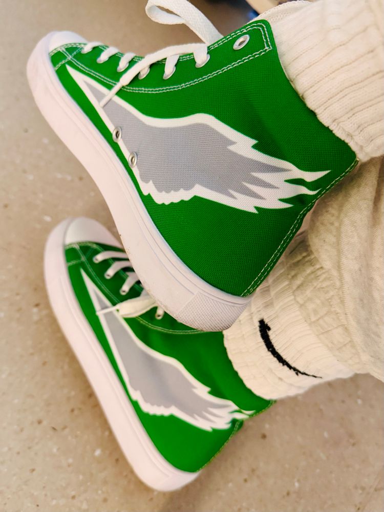 Celebrating Eagles Kelly Green Week with winged high-tops. GO BIRDS!