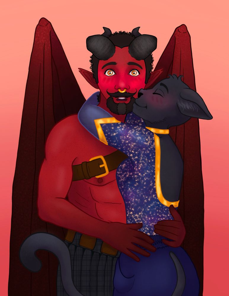 a tabaxi in a sparkling acrobatic outfit is reaching up and kissing a surprised and blushing winged tiefling. the tiefling is shirtless and wearing a kilt