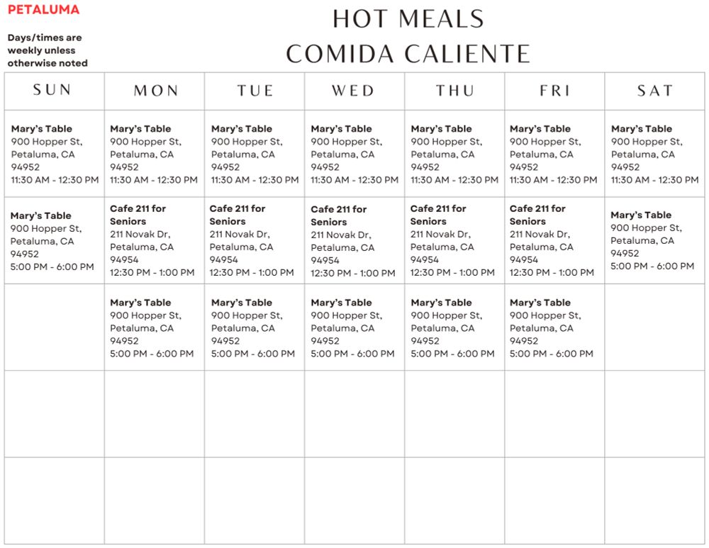 Petaluma Hot Meals / Comidas Calientes: 

Sunday / Domingo: 
Mary's Table, 900 Hopper St, 11:30 AM - 12:30 PM Lunch / Almuerzo, 5:00 PM - 6:00 PM Dinner / Cena. 

Monday / Lunes: 
Mary's Table, 900 Hopper St, 11:30 AM - 12:30 PM Lunch / Almuerzo. Cafe 211 for Seniors, 211 Novak Dr, 12:30 PM - 1:00 PM. Mary's Table, 900 Hopper St, 5:00 PM - 6:00 PM Dinner / Cena. 

Tuesday / Martes: 
Mary's Table, 900 Hopper St, 11:30 AM - 12:30 PM Lunch / Almuerzo. Cafe 211 for Seniors, 211 Novak Dr, 12:30 PM - 1:00 PM. Mary's Table, 900 Hopper St, 5:00 PM - 6:00 PM Dinner / Cena. 

Wednesday / Miércoles: 
Mary's Table, 900 Hopper St, 11:30 AM - 12:30 PM Lunch / Almuerzo. Cafe 211 for Seniors, 211 Novak Dr, 12:30 PM - 1:00 PM. Mary's Table, 900 Hopper St, 5:00 PM - 6:00 PM Dinner / Cena. 

Thursday / Jueves: 
Mary's Table, 900 Hopper St, 11:30 AM - 12:30 PM Lunch / Almuerzo. Cafe 211 for Seniors, 211 Novak Dr, 12:30 PM - 1:00 PM. Mary's Table, 900 Hopper St, 5:00 PM - 6:00 PM Dinner / Cena. 

Friday / Viernes: 
Mary's Table, 900 Hopper St, 11:30 AM - 12:30 PM Lunch / Almuerzo. Cafe 211 for Seniors, 211 Novak Dr, 12:30 PM - 1:00 PM. Mary's Table, 900 Hopper St, 5:00 PM - 6:00 PM Dinner / Cena. 

Saturday / Sábado: 
Mary's Table, 900 Hopper St, 11:30 AM - 12:30 PM Lunch / Almuerzo, 5:00 PM - 6:00 PM Dinner / Cena.