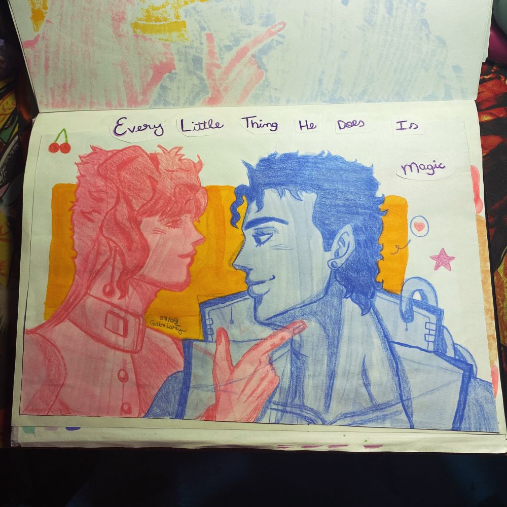 Jotaro and Kakyoin from Jojos. They are looking at each other. Kakyoin is holding Jotaro’s chin with his index finger. Jotaro is all painted blue and Kakyoin is all painted pink. The background is yellow and above them its written  “every little thing he does is magic” 