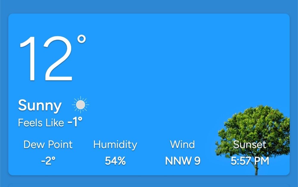 Weather app shows that it is sunny but only 12 degrees Fahrenheit, -1 wind chill in Chattanooga, Tennessee this morning.