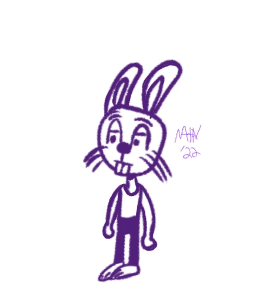 a humanoid rabbit wearing a white tank top and purple pants. He is drawn entirely with purple lines. There is an artist signature from 2022