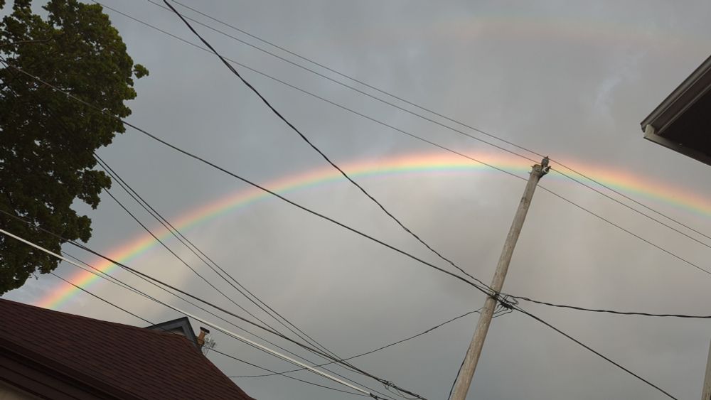 A rainbow against a cloudy sky is seen behind telephone, wires, trees and rooftops.