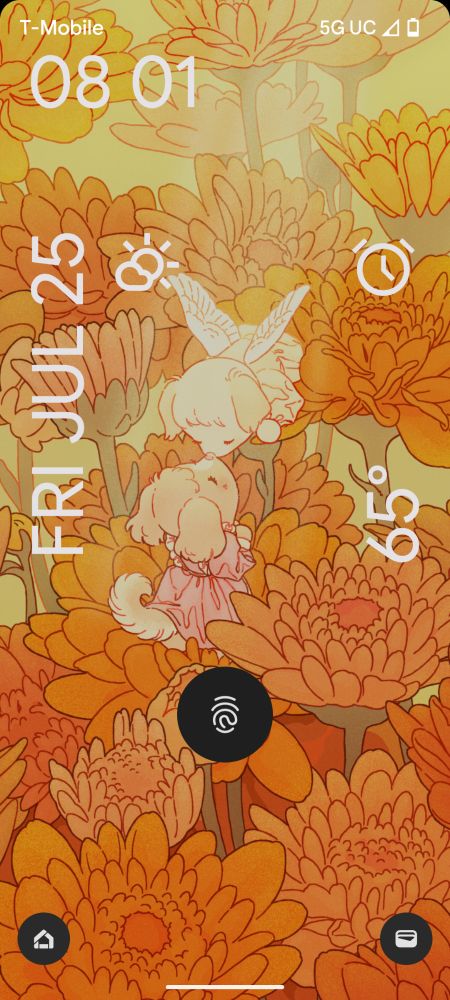 Android lock screen. The lock screen is an illustration by Rii Abrego of two puppies kissing in a field of golden flowers.