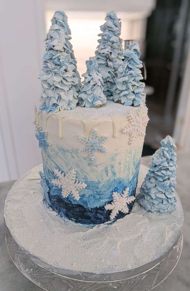 A winter-themed cake in shades of blue and white with piped trees and snowflakes. 