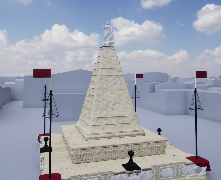 3D Model of pyramid-shaped monument with a stucco texture and statue of abundance on top located in a digital model of the Piazza d'Armi.